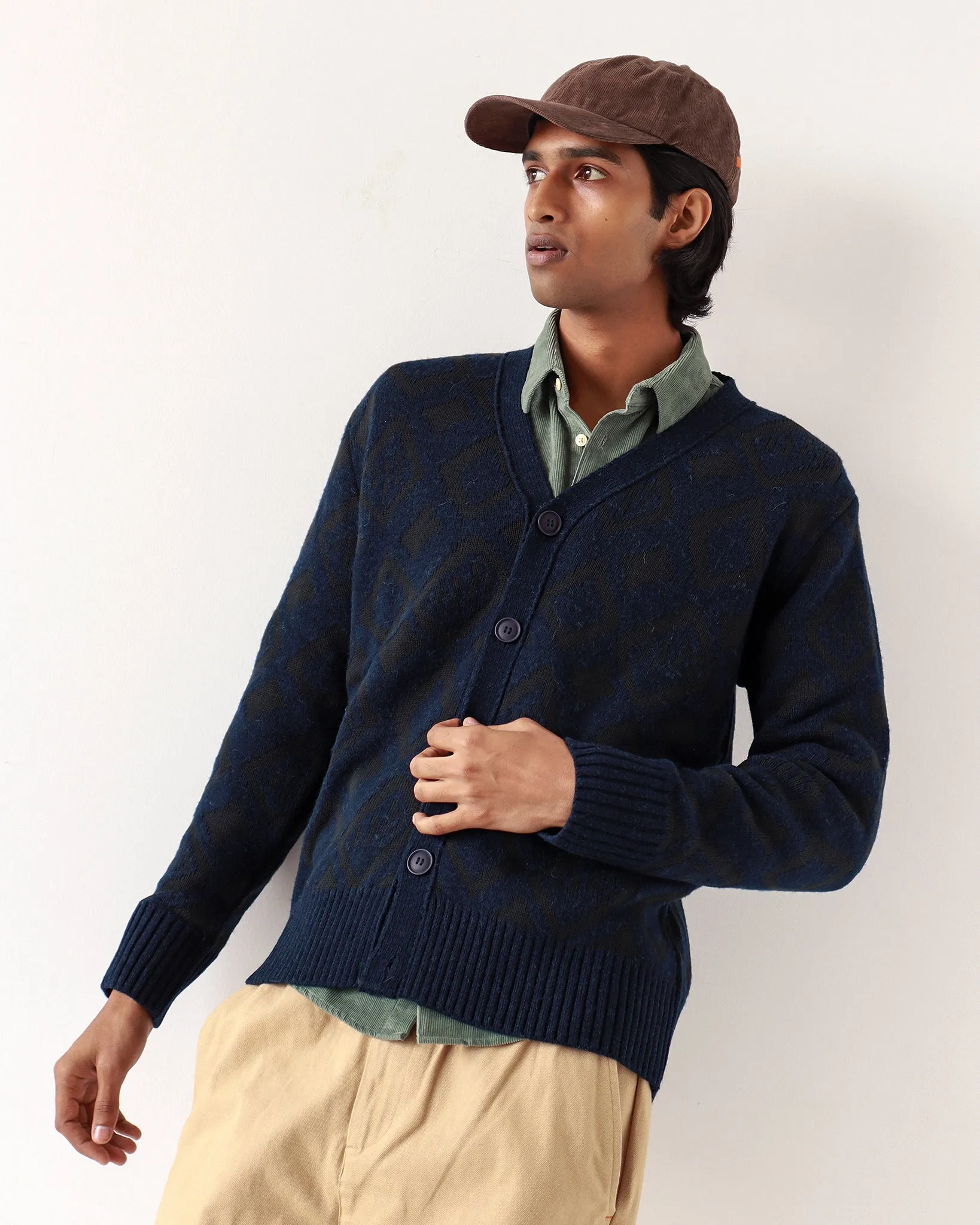 Buckley Cardigan - Navy / Green Geo Pattern