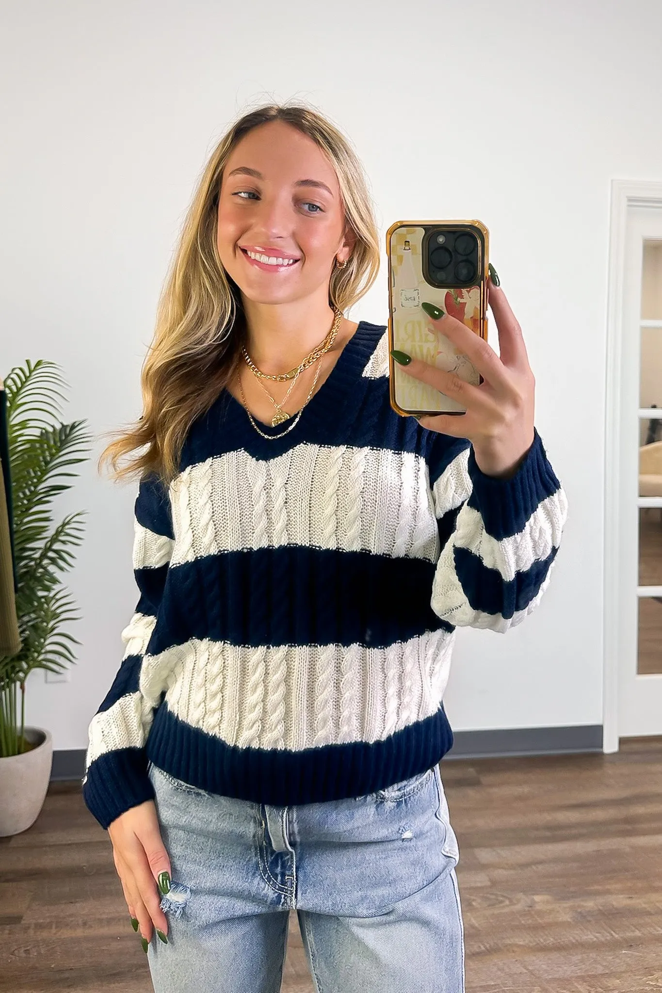 Julia V-Neck Striped Cable Knit Sweater