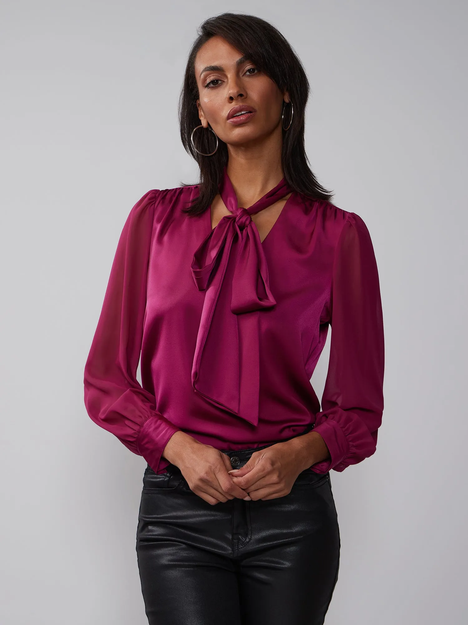 Long Sleeve Tie Up Neck Satin Blouse