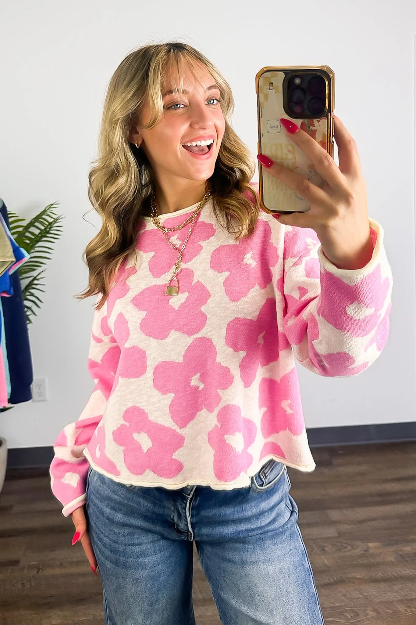 Marjorie Light Knit Jacquard Floral Boat Neck Sweater