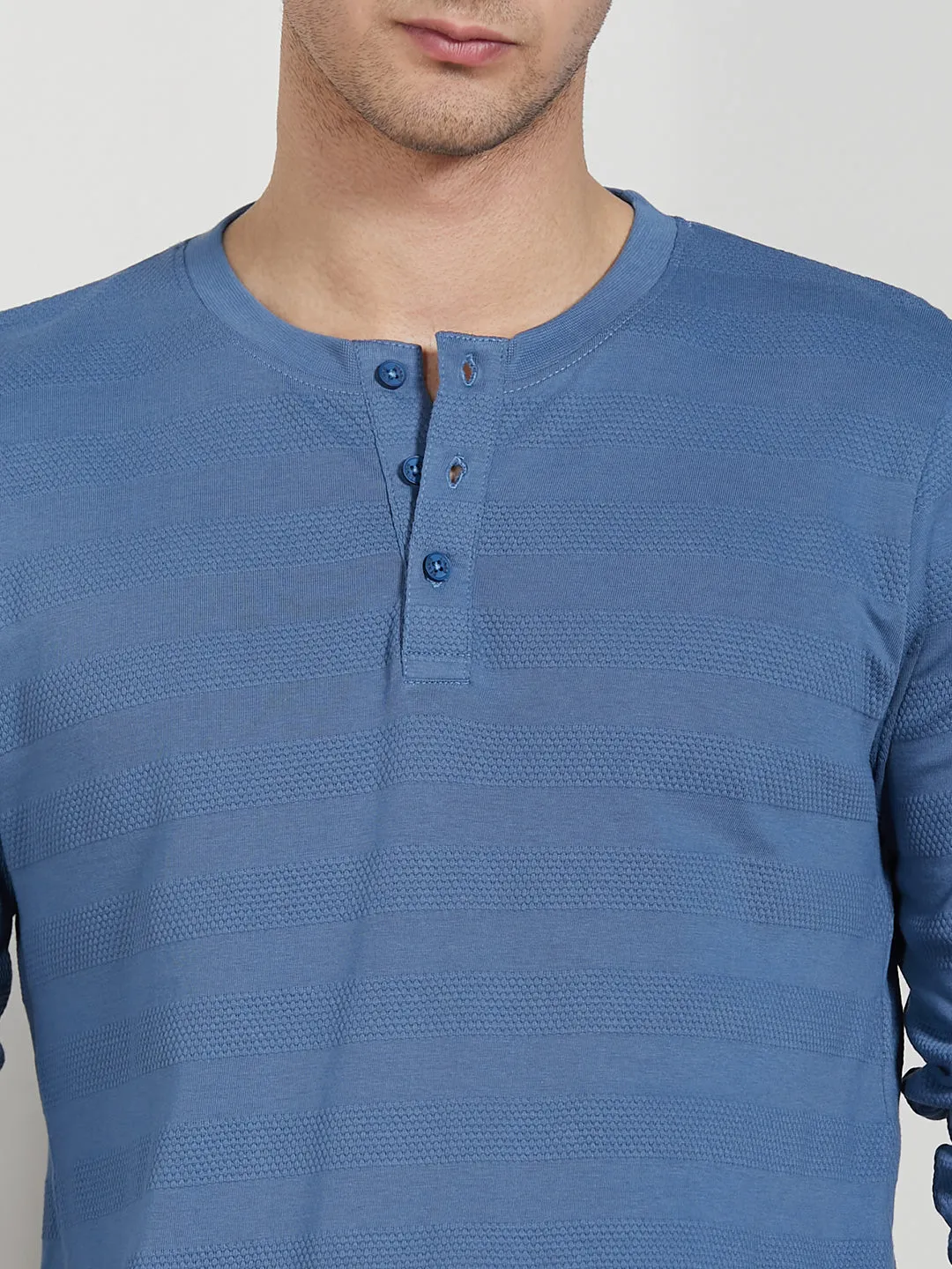 Men's Mid Blue Cotton Regular Fit Textured Henley Neck T-Shirt