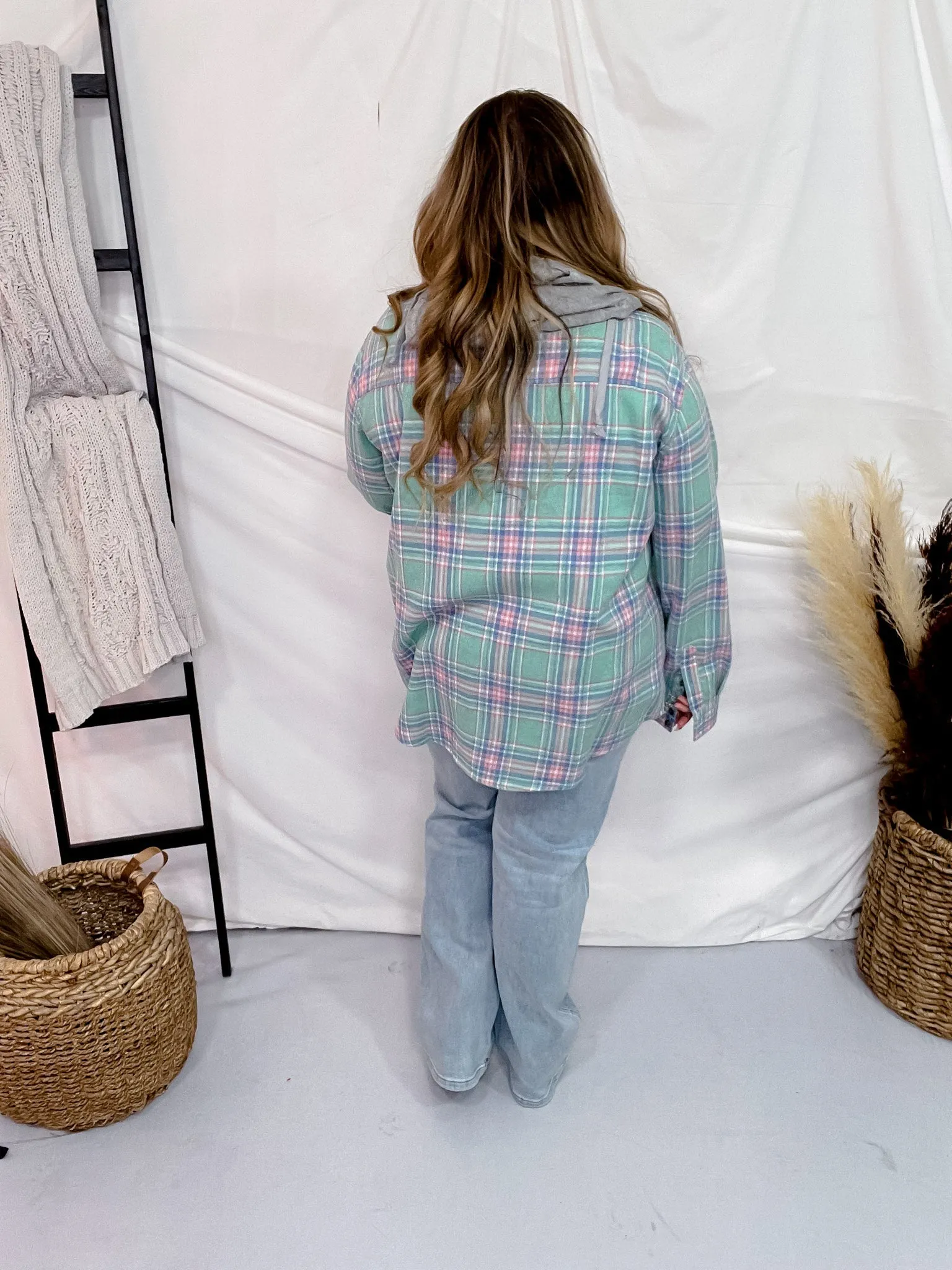 Mint Hooded Plaid Button Front Top