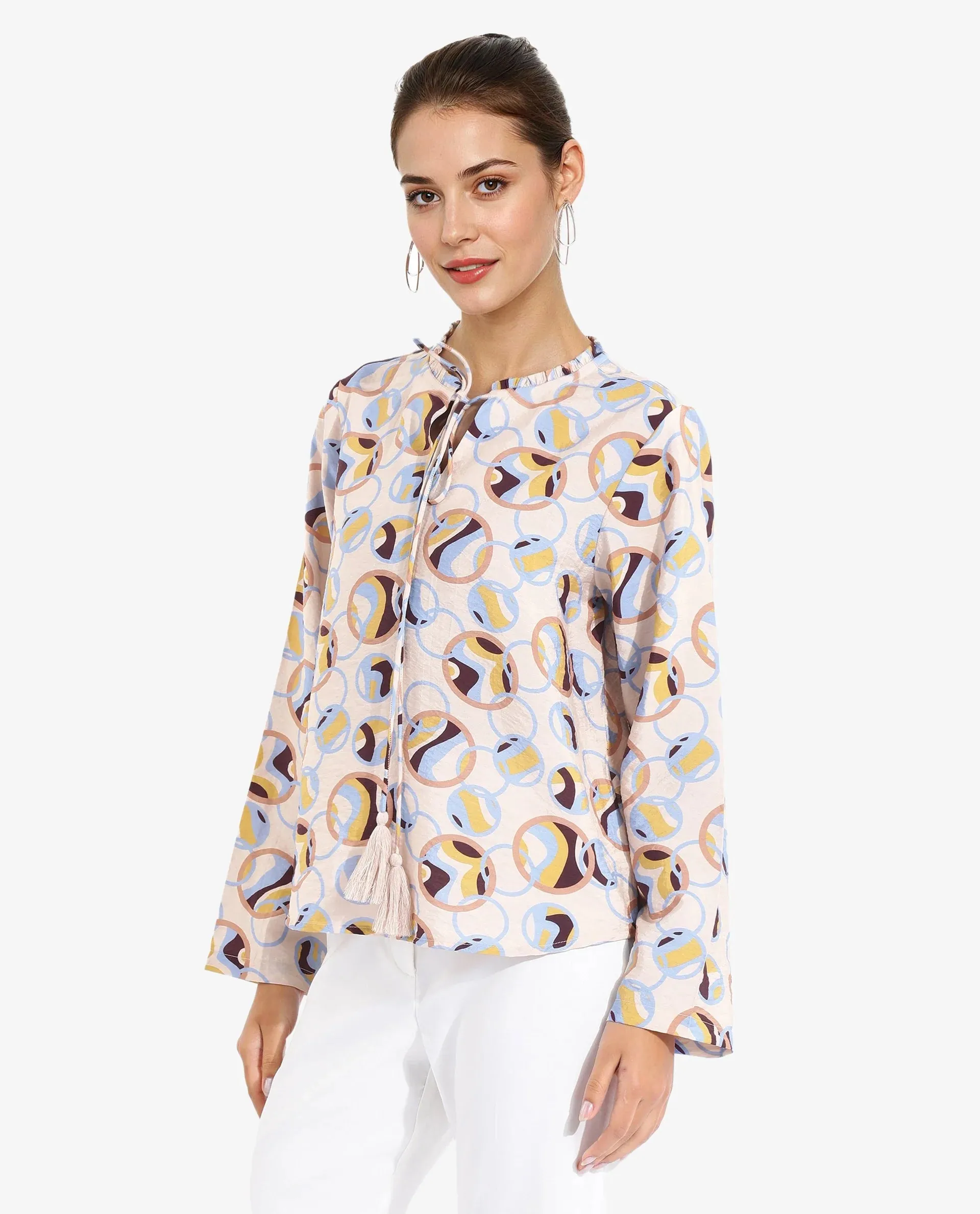 Rareism Women Nili Multi Ruffled Sleeves Ruffled Neck Tie Up Closure Abstract Print Top